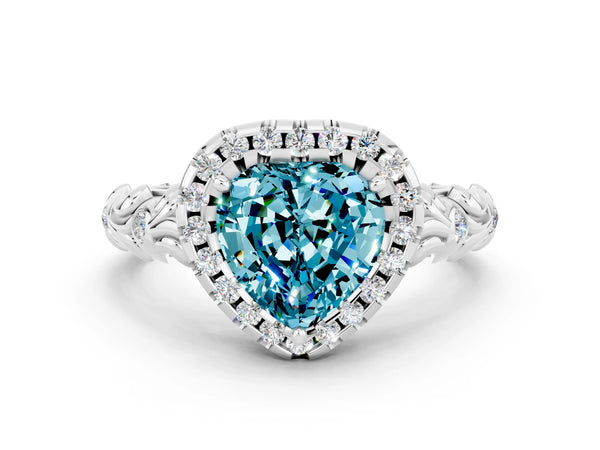 Silver Heart Cut Halo Diamond Solitaire with Filigree Band and Four-Prong Setting