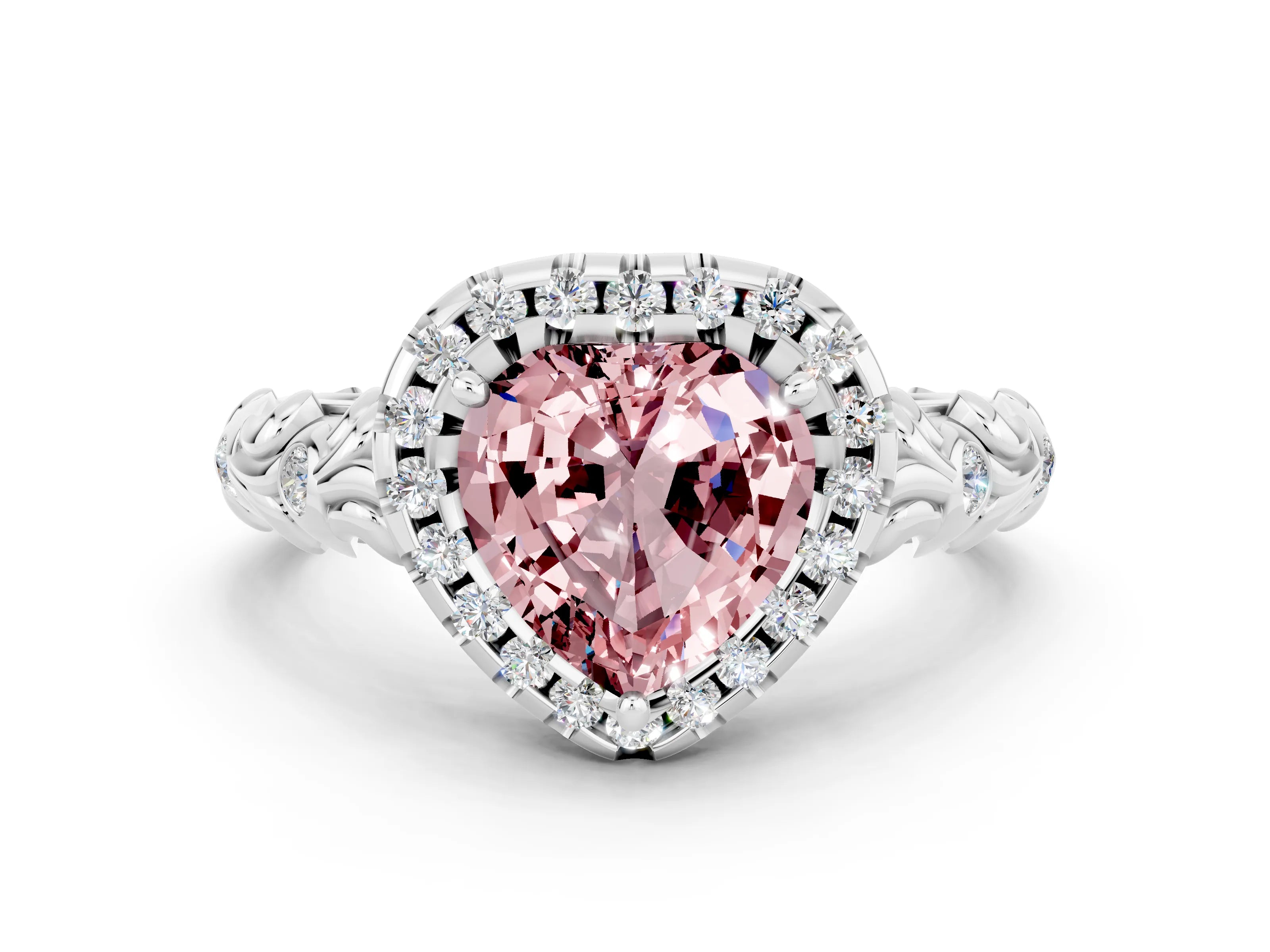 White gold Heart Cut Halo Diamond Solitaire with Filigree Band and Four-Prong Setting