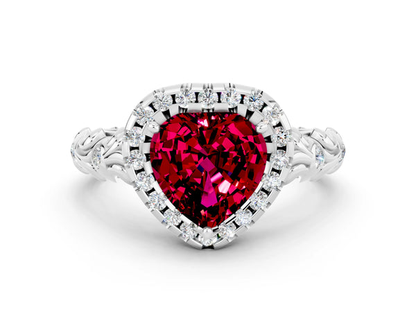 Silver Heart Cut Garnet Halo Ring with Filigree Band and Prong Setting