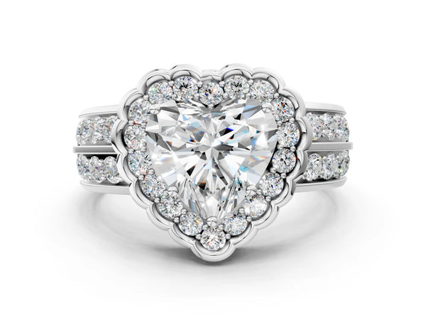 White gold Oval Halo Diamond Split Shank Ring with Scalloped Prong Setting