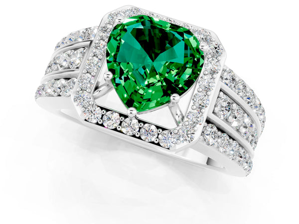 Platinum Heart Cut Halo Emerald Ring with Round  Split Shank and Prong Setting