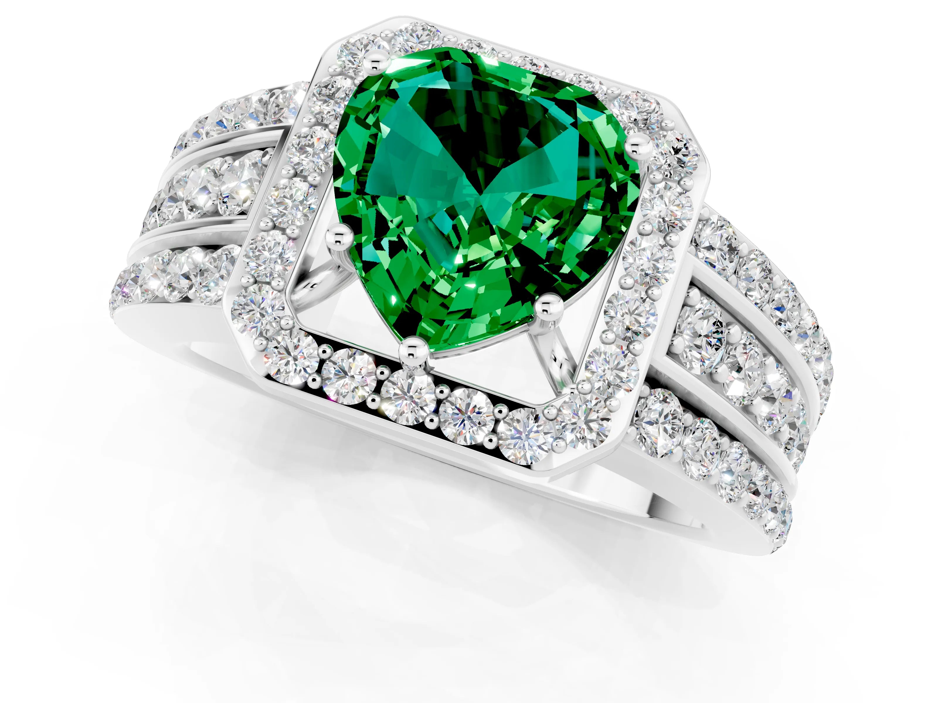 White gold Heart Cut Halo Emerald Ring with Split Shank and Four-Prong Setting_1