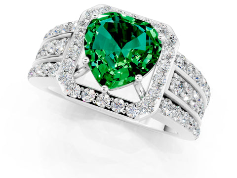White gold Heart Cut Halo Emerald Ring with Split Shank and Four-Prong Setting_1