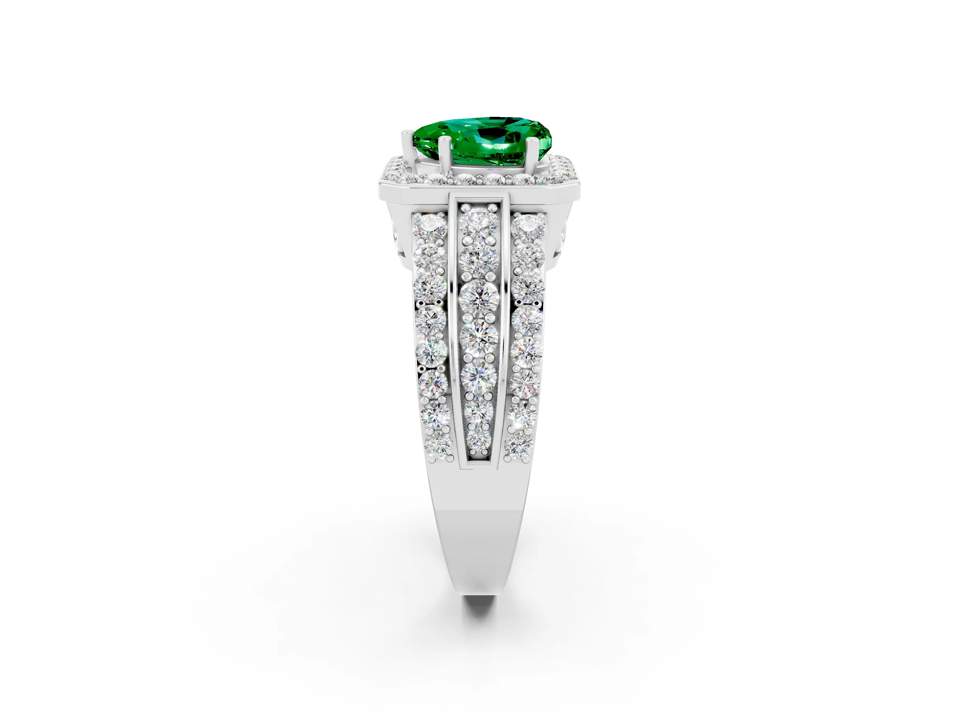 White gold Heart Cut Halo Emerald Ring with Split Shank and Four-Prong Setting_2