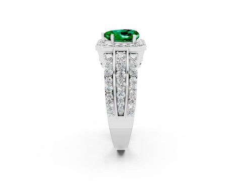 White gold Heart Cut Halo Emerald Ring with Split Shank and Four-Prong Setting_2