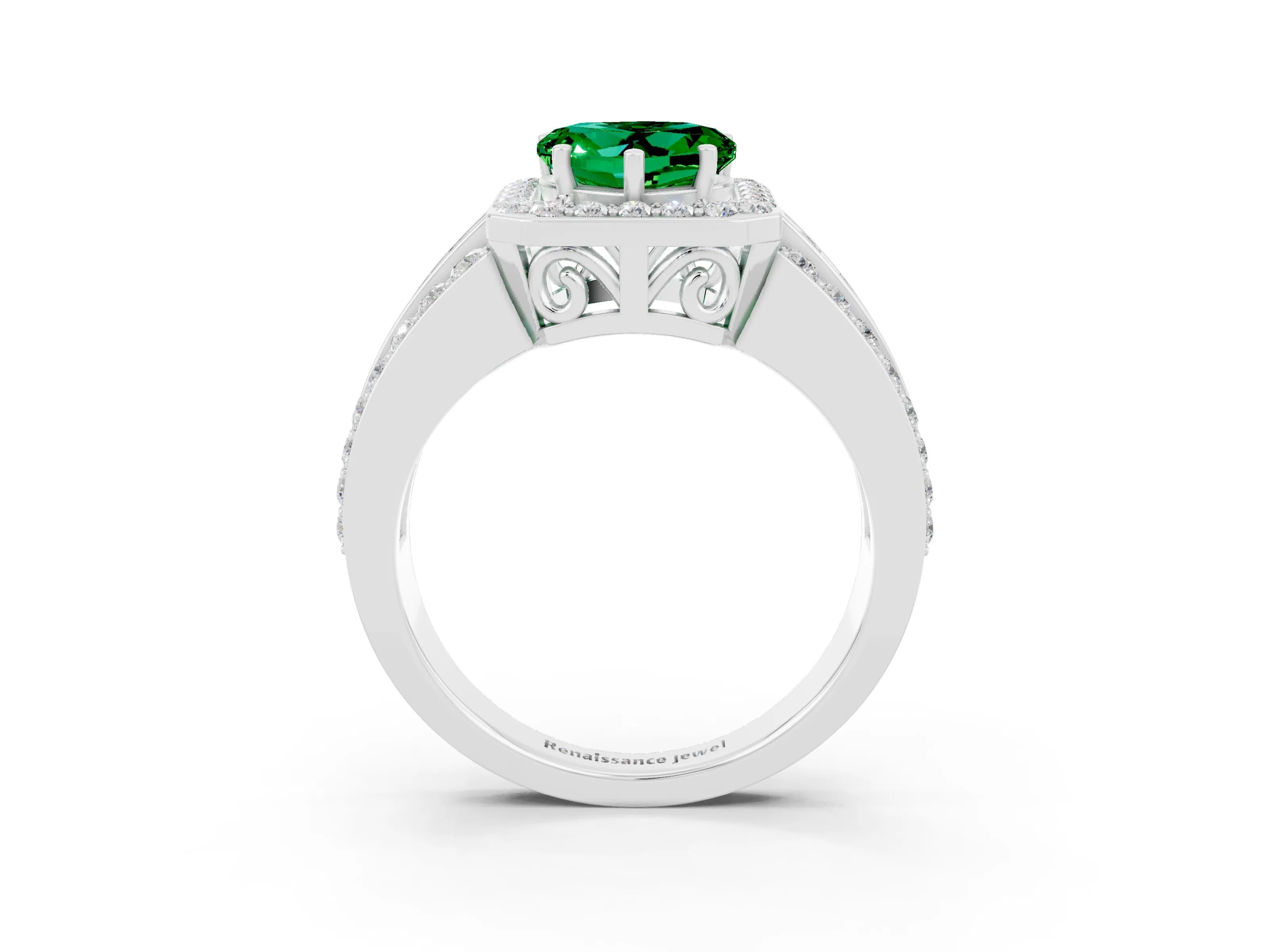 White gold Heart Cut Halo Emerald Ring with Split Shank and Four-Prong Setting_3