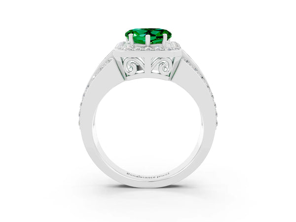 Platinum Heart Cut Halo Emerald Ring with Round  Split Shank and Prong Setting