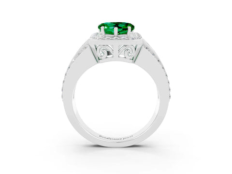 White gold Heart Cut Halo Emerald Ring with Split Shank and Four-Prong Setting_3