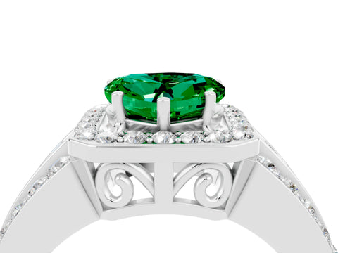 White gold Heart Cut Halo Emerald Ring with Split Shank and Four-Prong Setting_4