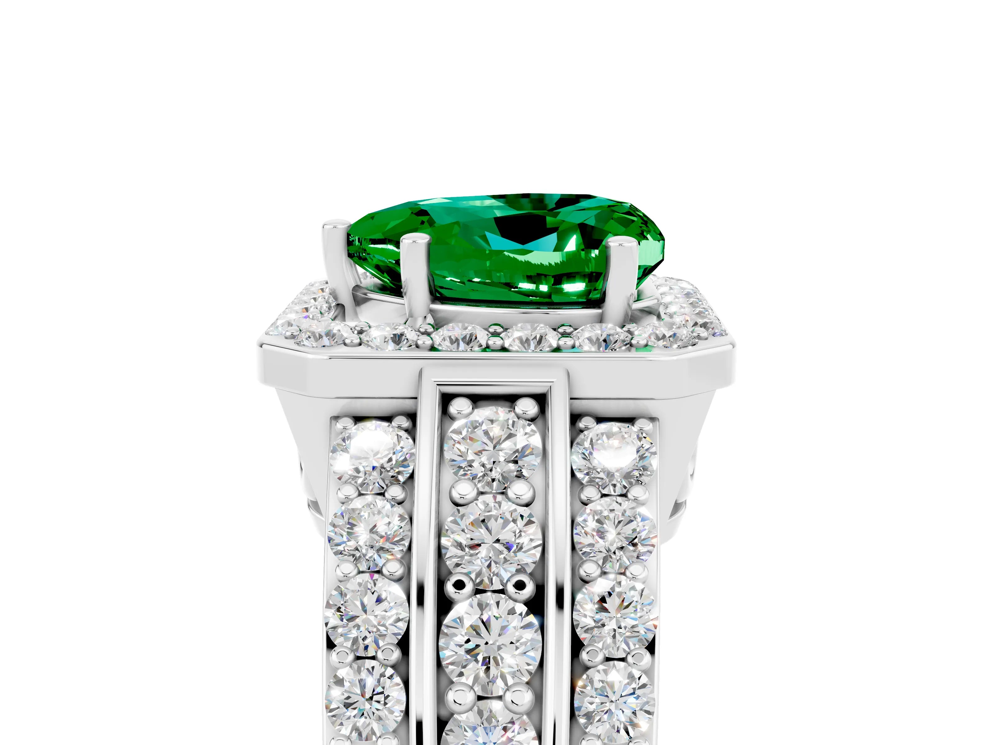 White gold Heart Cut Halo Emerald Ring with Split Shank and Four-Prong Setting_5