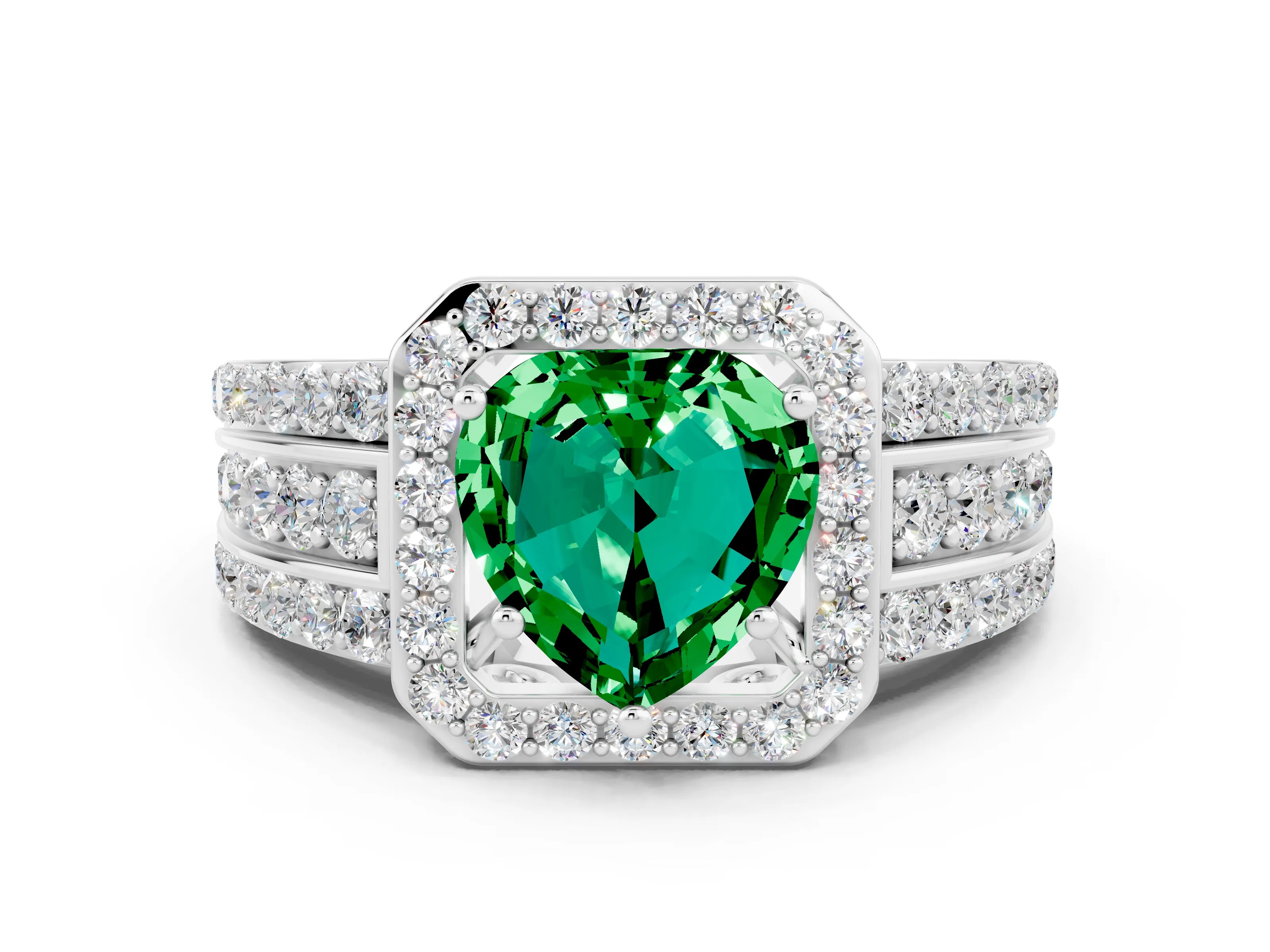 White gold Heart Cut Halo Emerald Ring with Split Shank and Four-Prong Setting