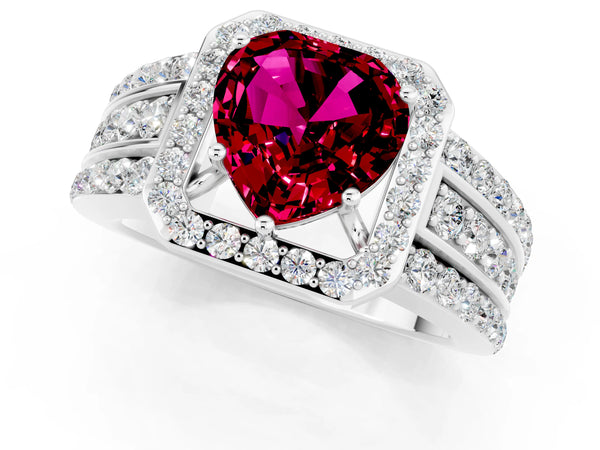 Silver Heart Cut Halo Garnet Ring with Round  Split Shank and Prong Setting