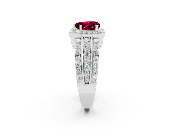 White gold Heart Cut Halo Garnet Ring with Round  Split Shank and Prong Setting