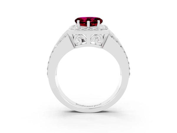 Platinum Heart Cut Halo Garnet Ring with Round  Split Shank and Prong Setting