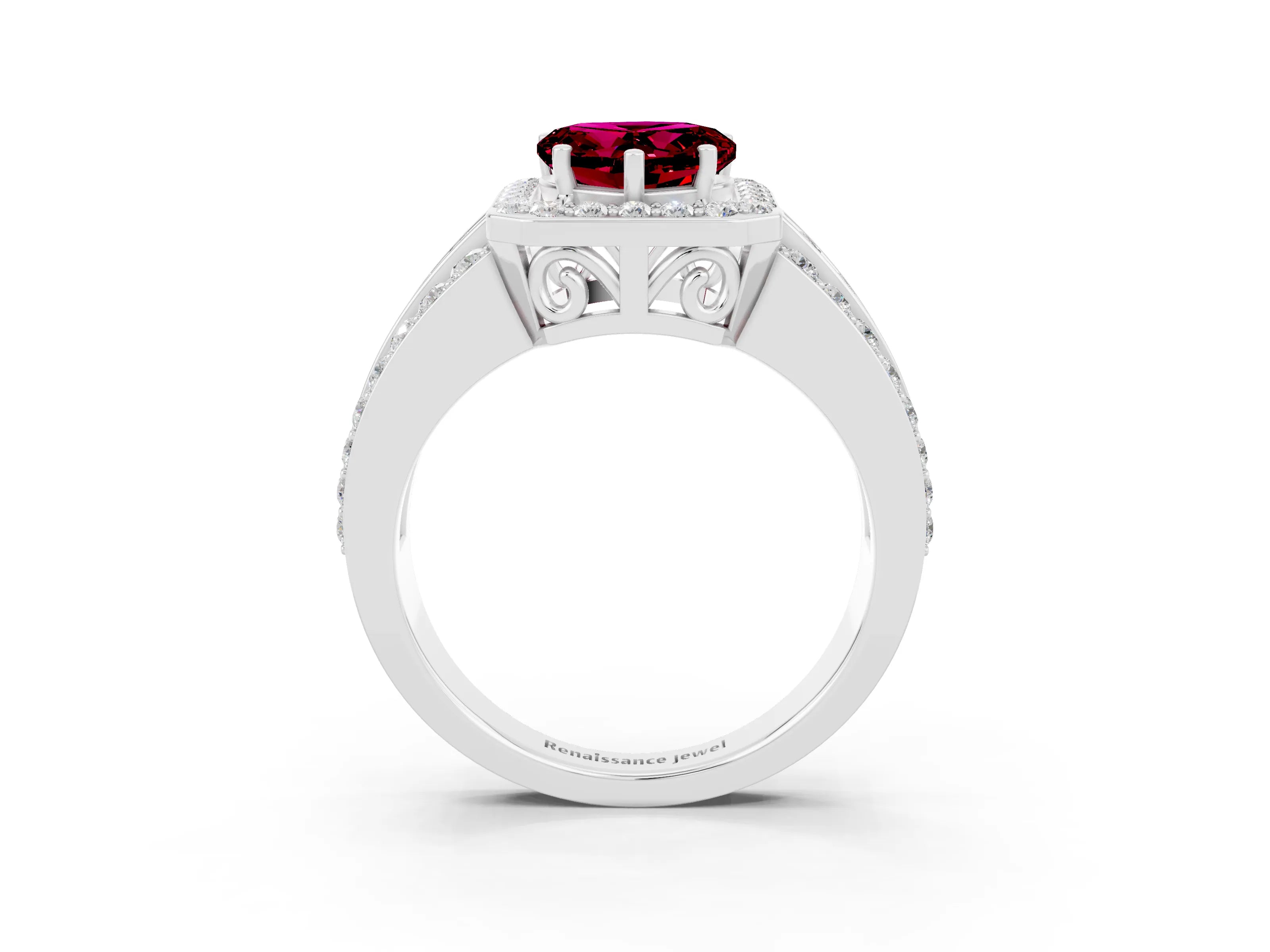 White gold Heart Cut Halo Garnet Ring with Split Shank and Four-Prong Setting_3