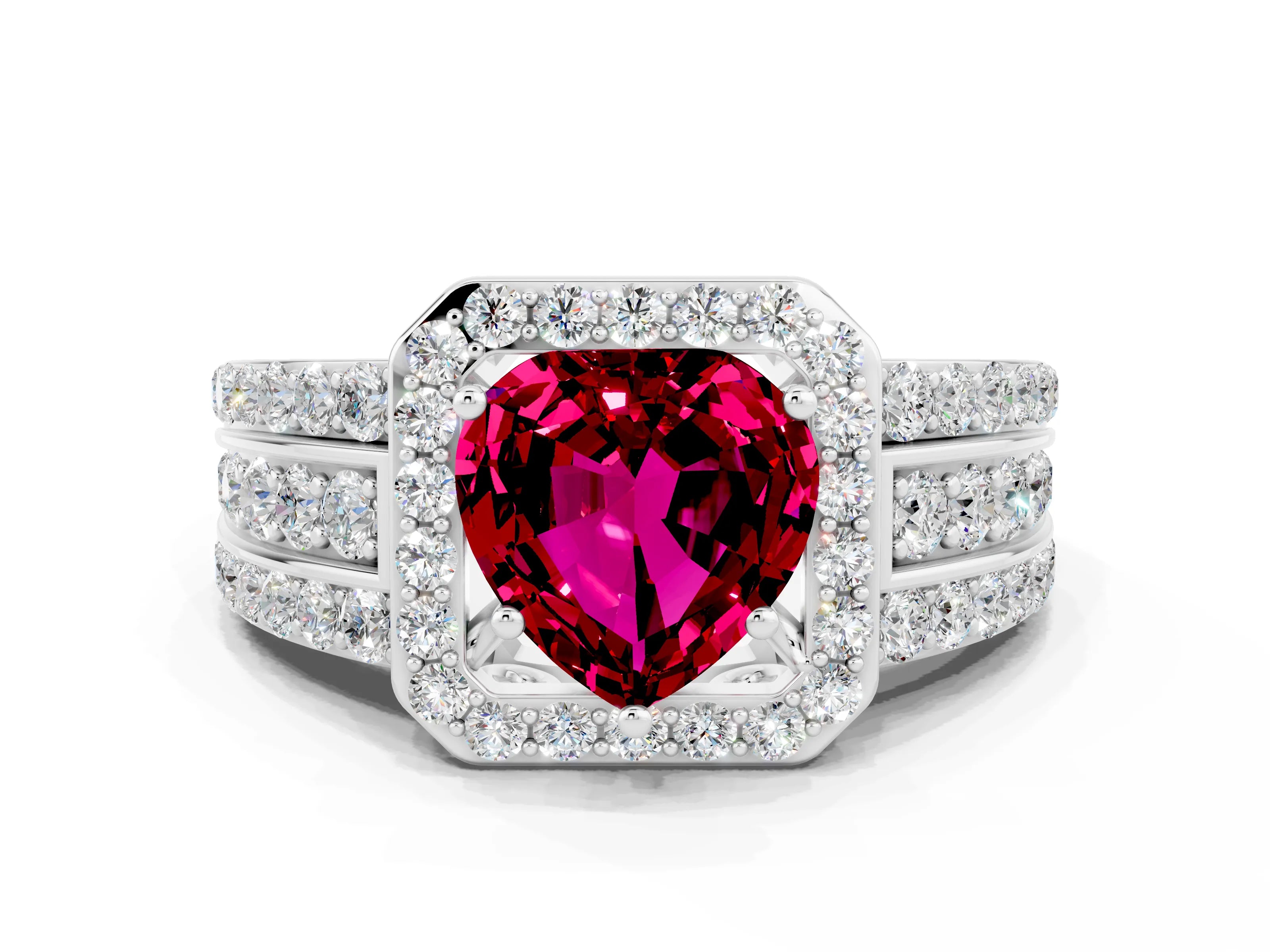 White gold Heart Cut Halo Garnet Ring with Split Shank and Four-Prong Setting