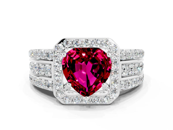 Silver Heart Cut Halo Garnet Ring with Round  Split Shank and Prong Setting
