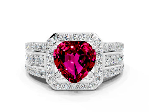 White gold Heart Cut Halo Garnet Ring with Split Shank and Four-Prong Setting