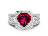 White gold Heart Cut Halo Garnet Ring with Split Shank and Four-Prong Setting