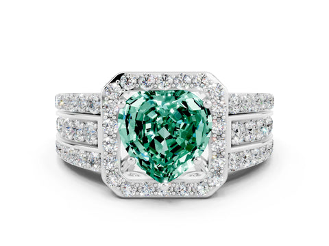 White gold Heart Cut Halo Green Sapphire Ring with Split Shank and Four-Prong Setting
