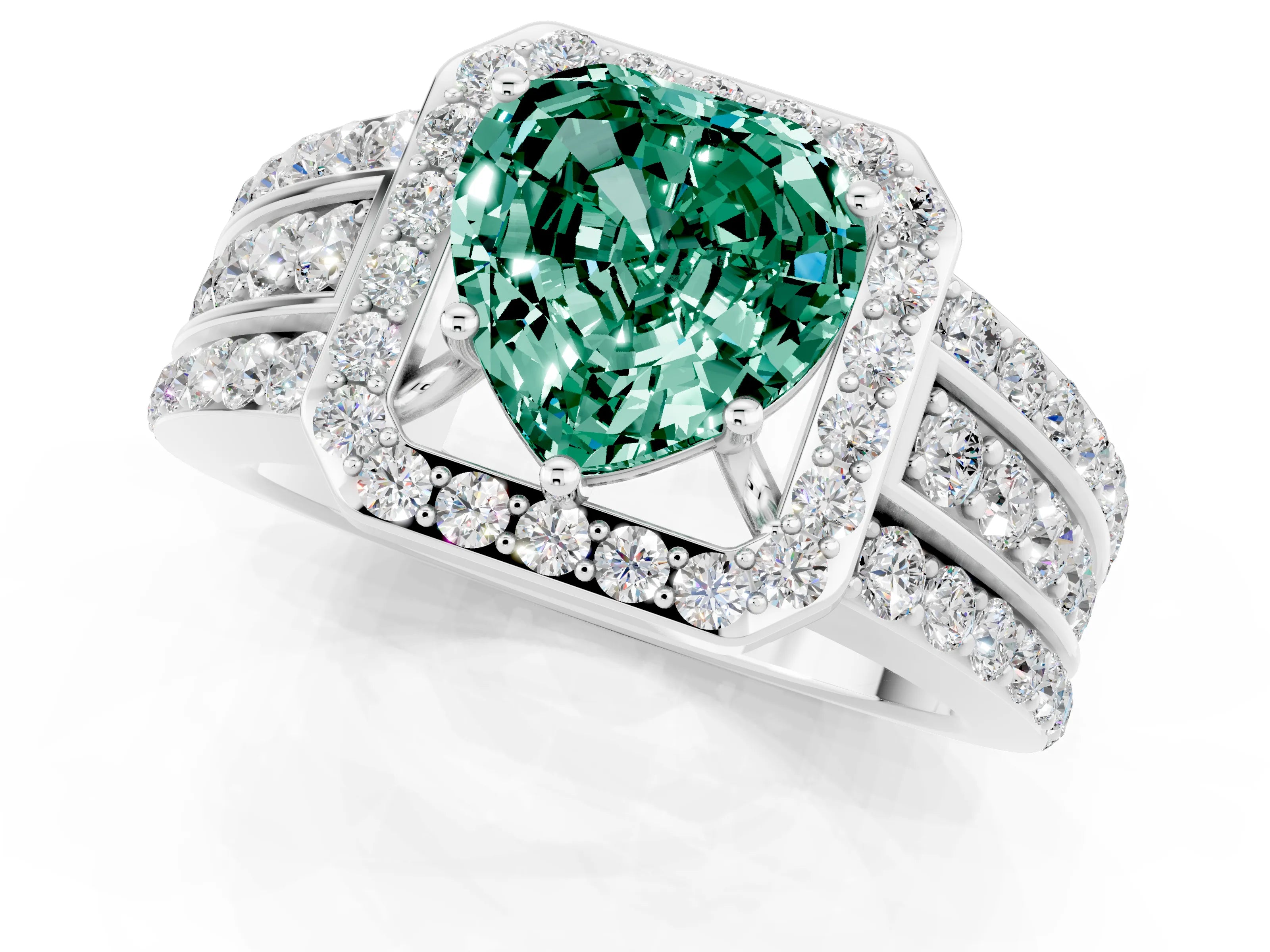White gold Heart Cut Halo Green Sapphire Ring with Split Shank and Four-Prong Setting_1