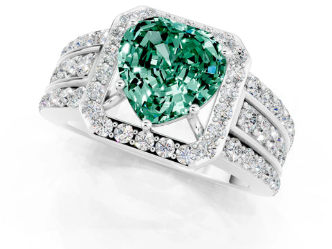White gold Heart Cut Halo Green Sapphire Ring with Split Shank and Four-Prong Setting_1