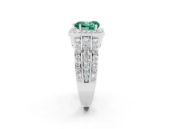 Platinum Heart Cut Halo Green Sapphire Ring with Round  Split Shank and Prong Setting