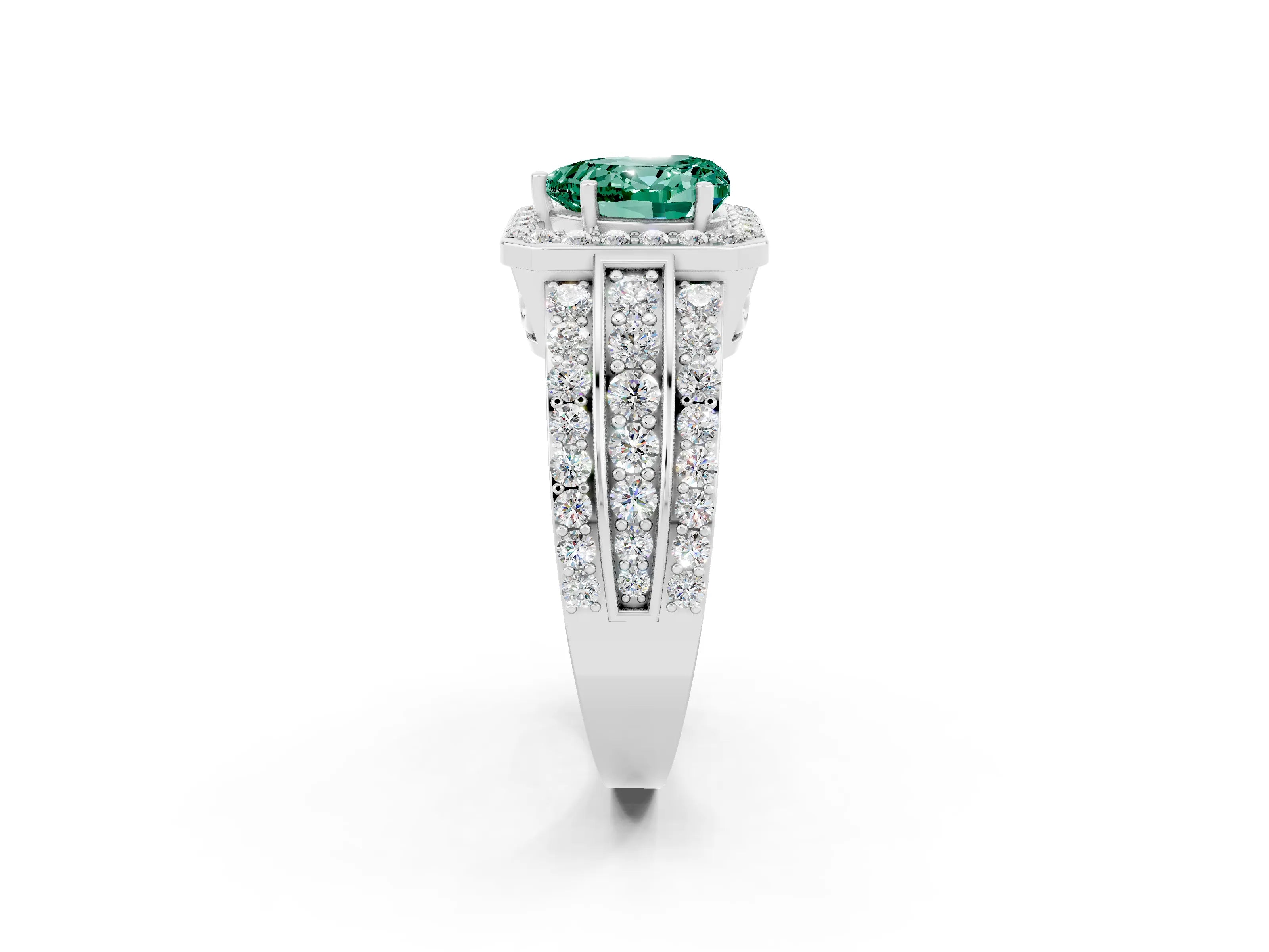 White gold Heart Cut Halo Green Sapphire Ring with Split Shank and Four-Prong Setting_2