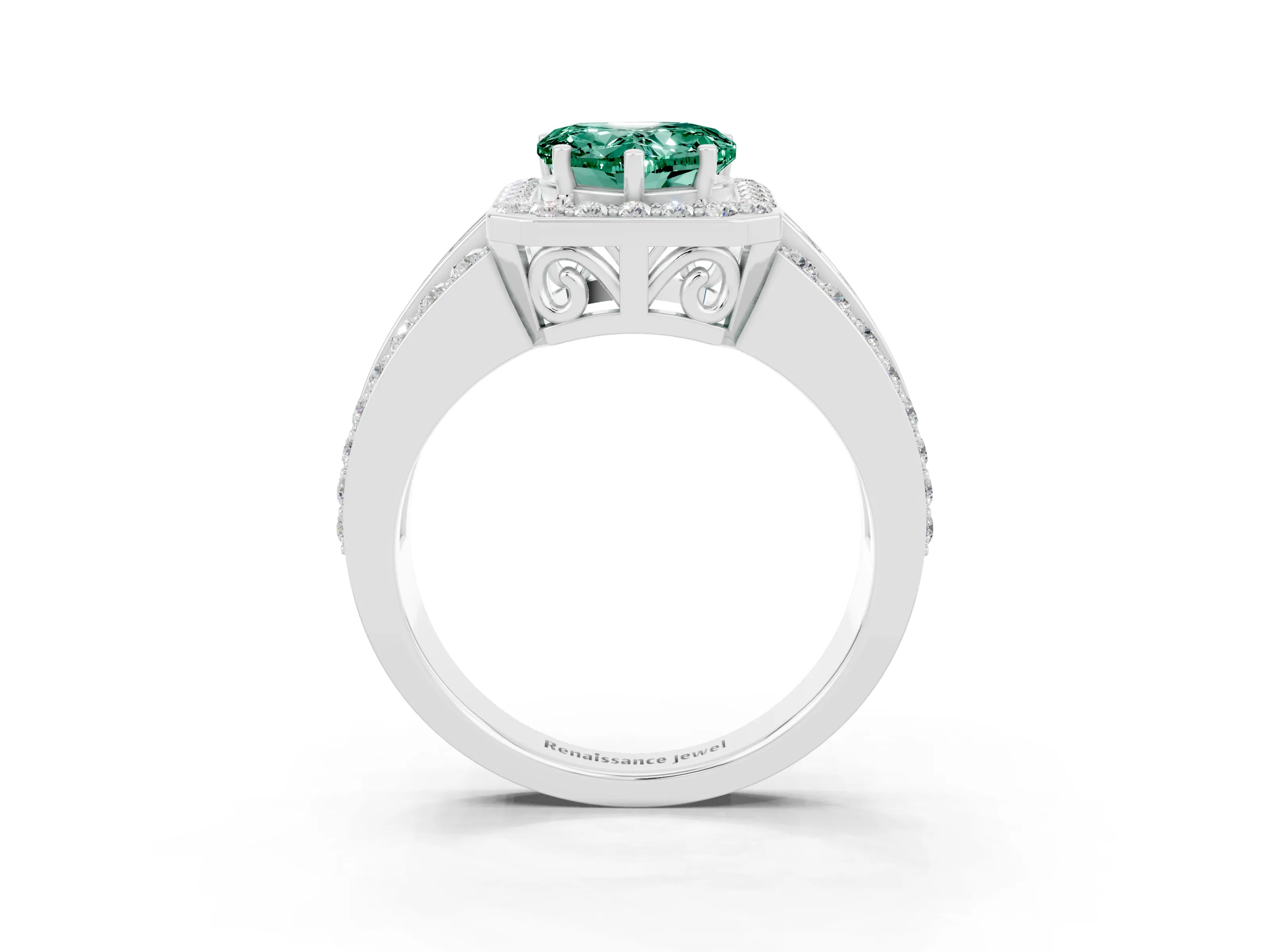 White gold Heart Cut Halo Green Sapphire Ring with Split Shank and Four-Prong Setting_3