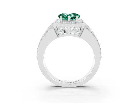 White gold Heart Cut Halo Green Sapphire Ring with Split Shank and Four-Prong Setting_3