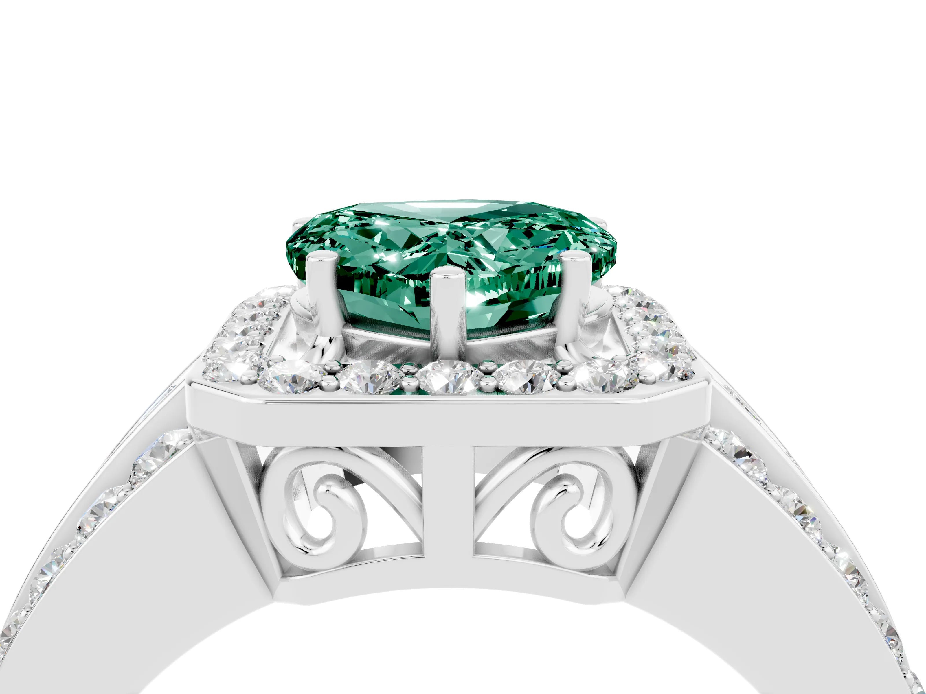 White gold Heart Cut Halo Green Sapphire Ring with Split Shank and Four-Prong Setting_4