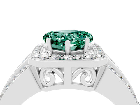 White gold Heart Cut Halo Green Sapphire Ring with Split Shank and Four-Prong Setting_4