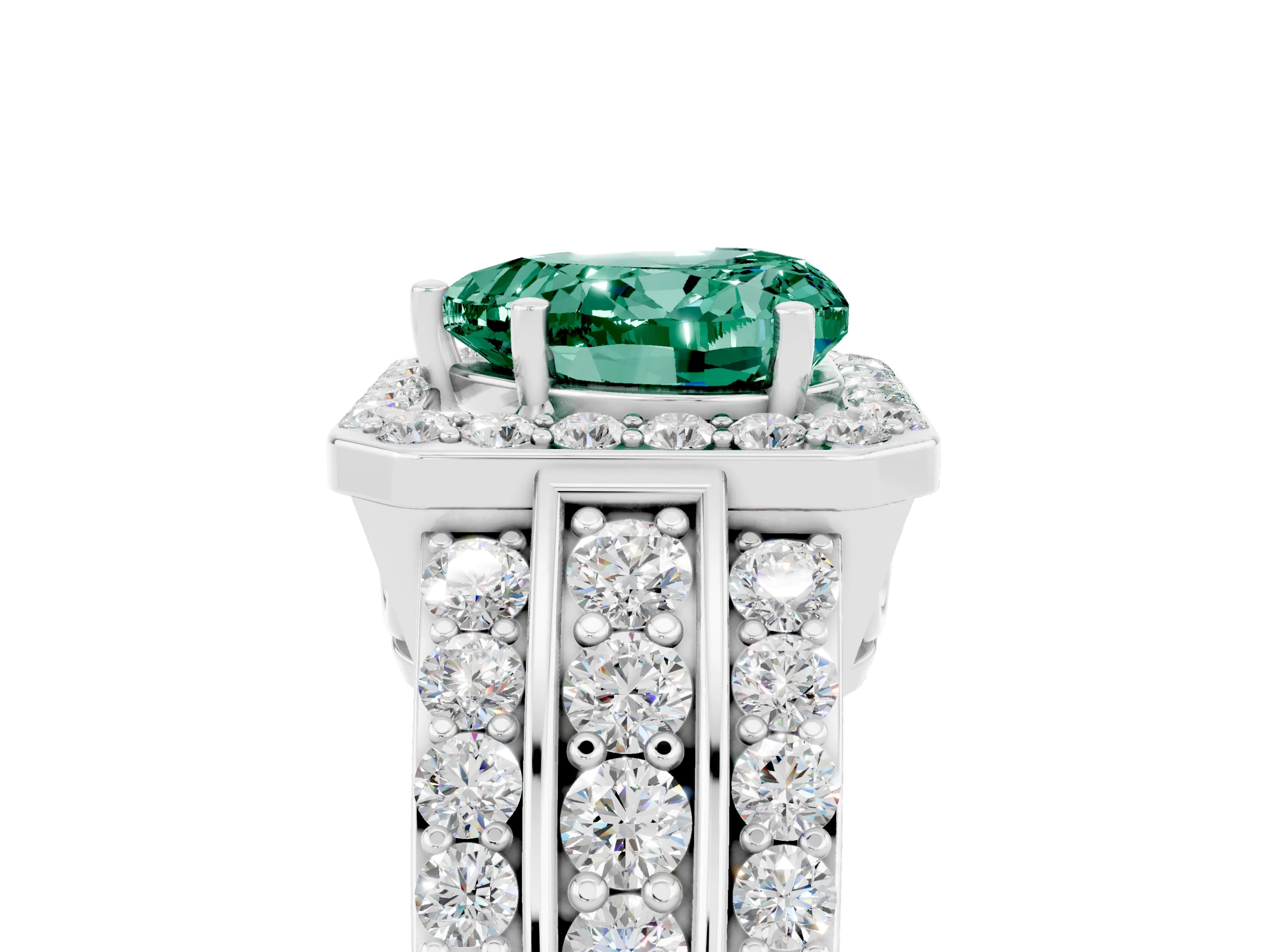 White gold Heart Cut Halo Green Sapphire Ring with Split Shank and Four-Prong Setting_5