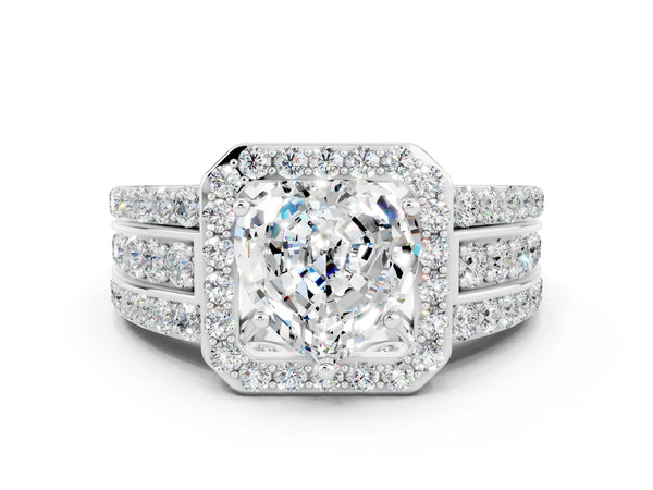 Platinum Heart Cut Halo Moissanite Ring with Round  Split Shank and Prong Setting