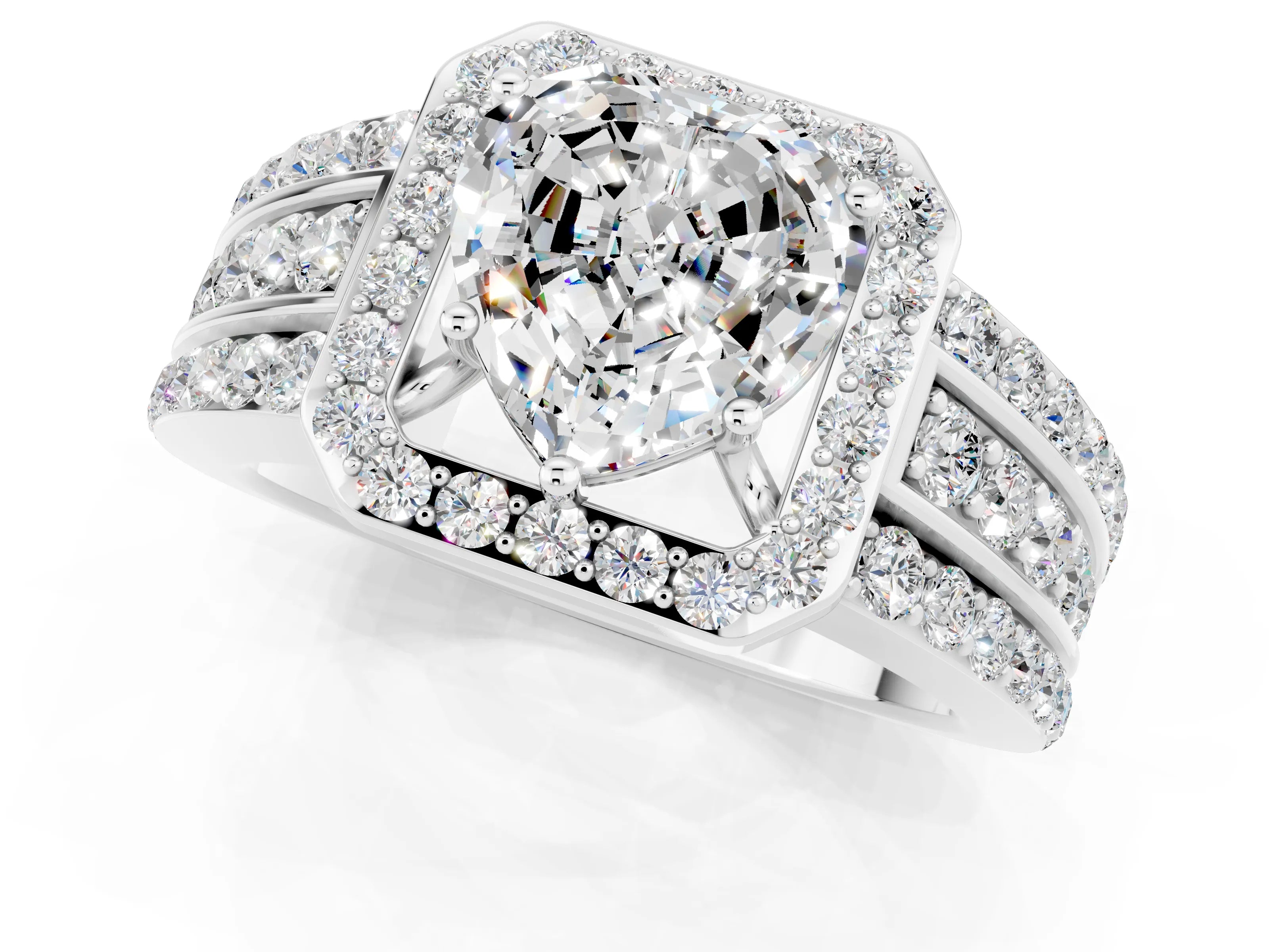 White gold Heart Cut Halo Moissanite Ring with Split Shank and Four-Prong Setting_1