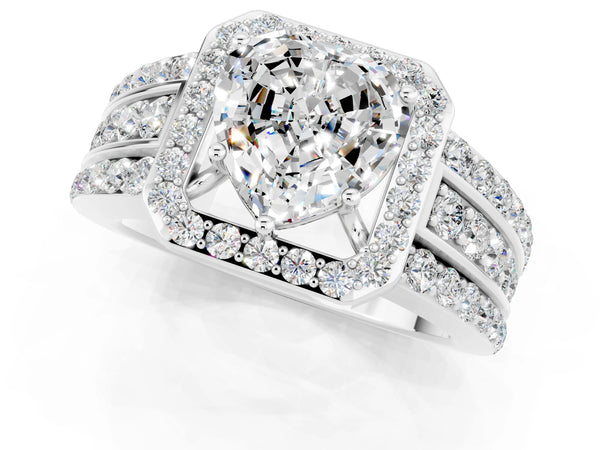 White gold Heart Cut Halo Moissanite Ring with Round  Split Shank and Prong Setting
