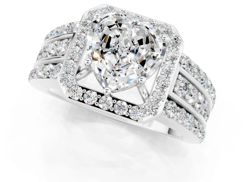 White gold Heart Cut Halo Moissanite Ring with Split Shank and Four-Prong Setting_1
