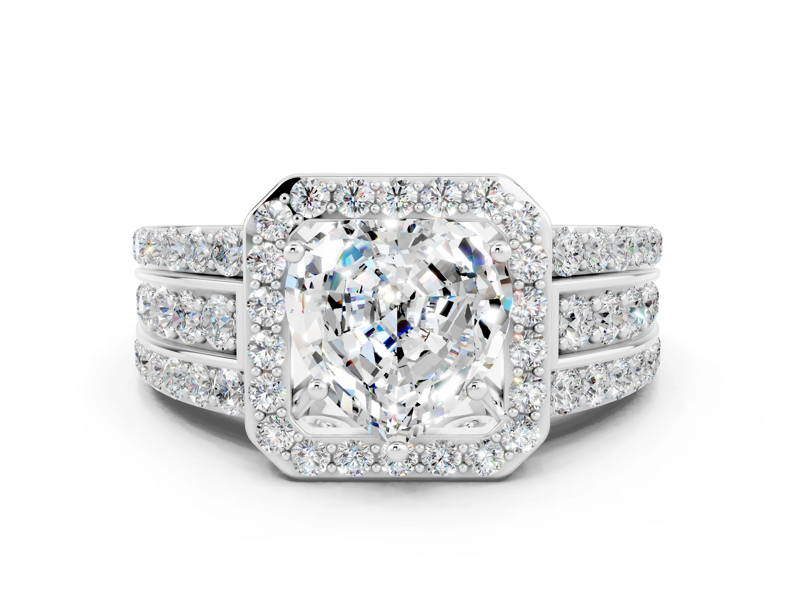 White gold Heart Cut Halo Moissanite Ring with Split Shank and Four-Prong Setting