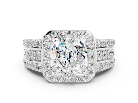 White gold Heart Cut Halo Moissanite Ring with Split Shank and Four-Prong Setting