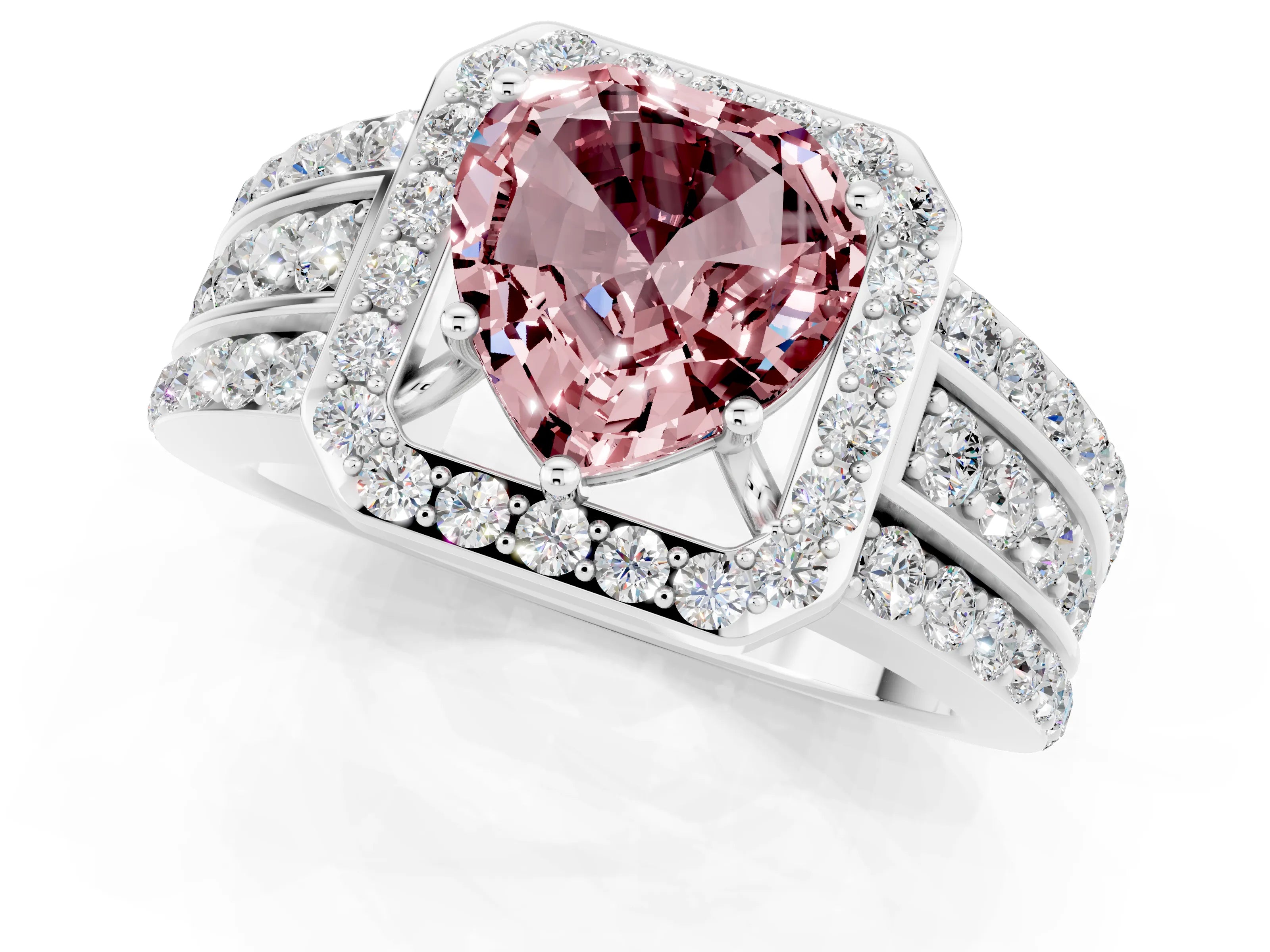 White gold Heart Cut Halo Morganite Ring with Split Shank and Four-Prong Setting_1