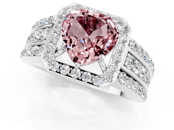 White gold Heart Cut Halo Morganite Ring with Round  Split Shank and Prong Setting