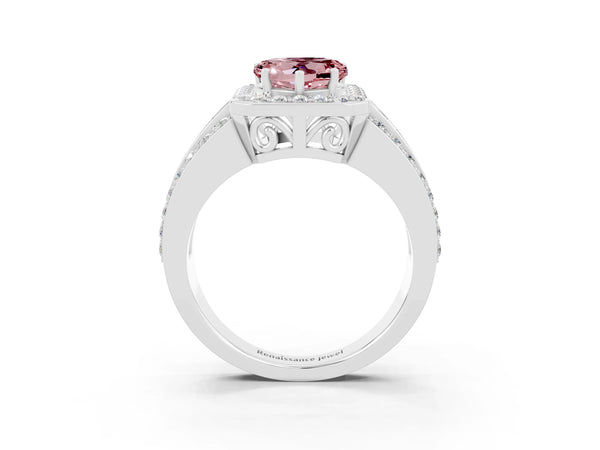 White gold Heart Cut Halo Morganite Ring with Round  Split Shank and Prong Setting
