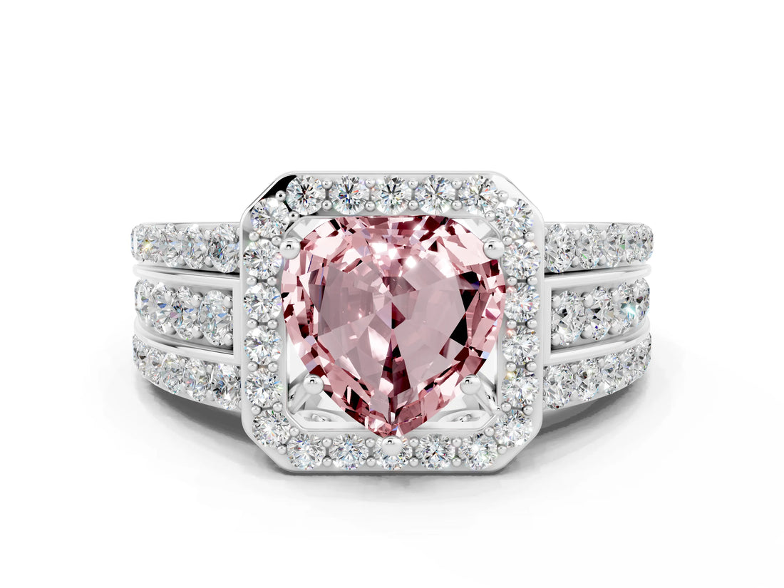White gold Heart Cut Halo Morganite Ring with Split Shank and Four-Prong Setting