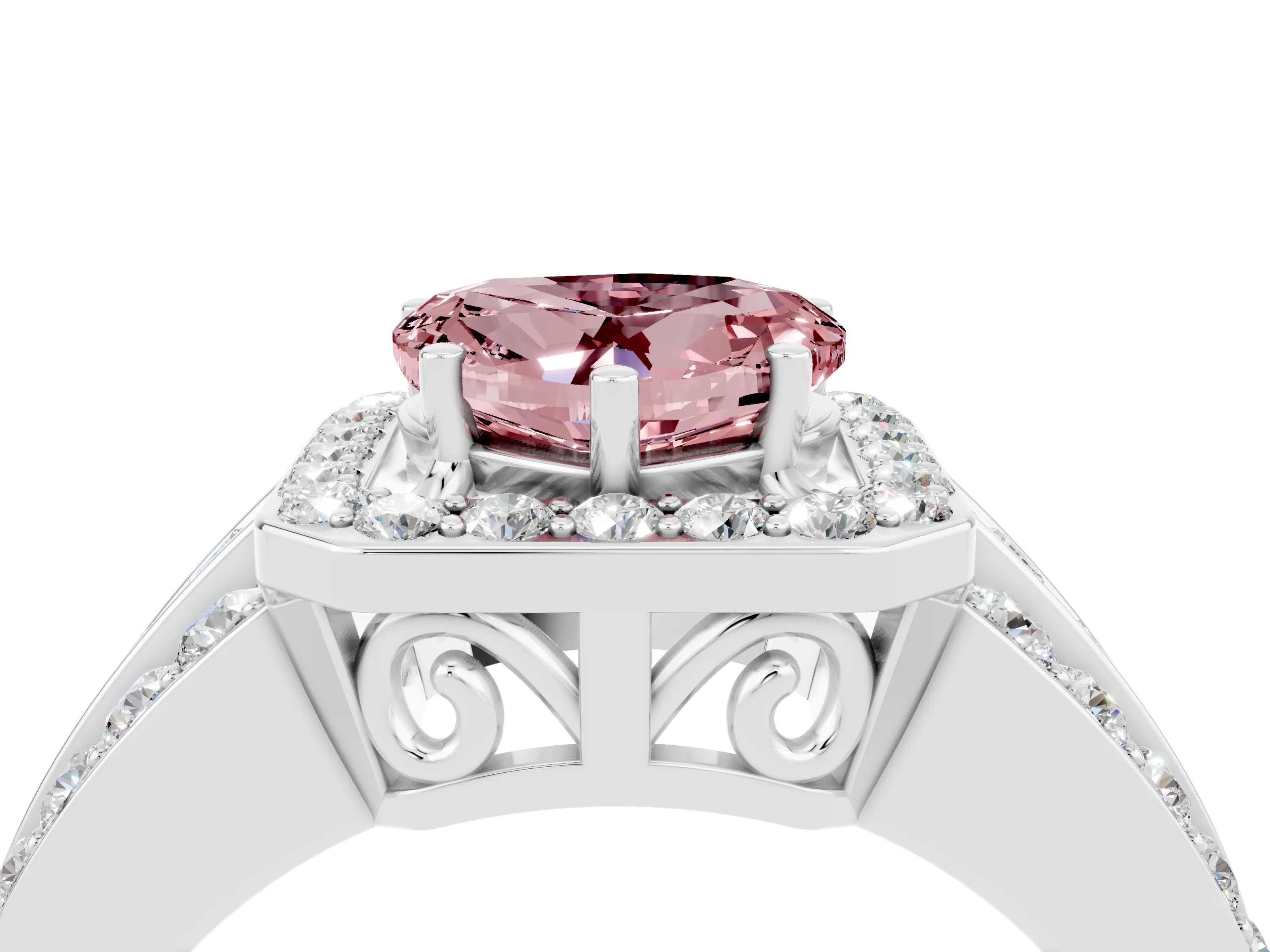White gold Heart Cut Halo Morganite Ring with Split Shank and Four-Prong Setting_4