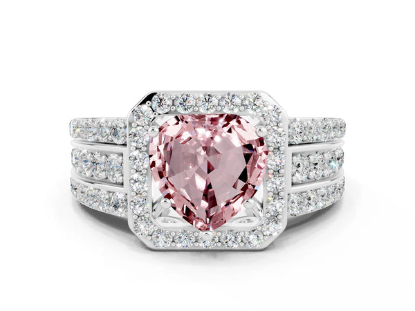 Silver Heart Cut Halo Morganite Ring with Round  Split Shank and Prong Setting
