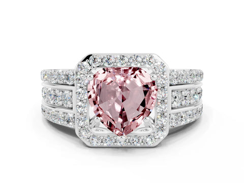 White gold Heart Cut Halo Morganite Ring with Split Shank and Four-Prong Setting