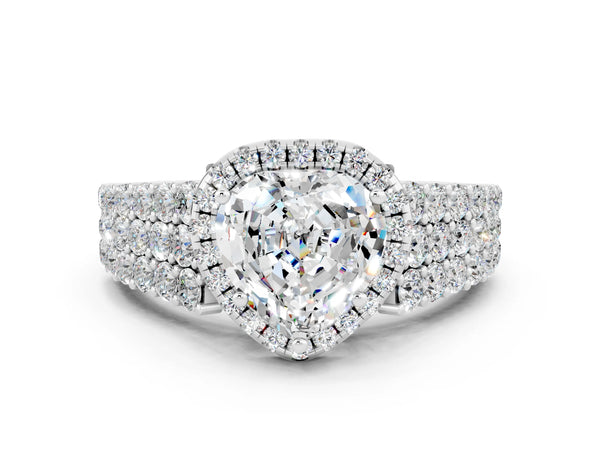Platinum Heart Cut Moissanite Halo Engagement Ring with Triple Row Round Pavé Band and Prong Setting
