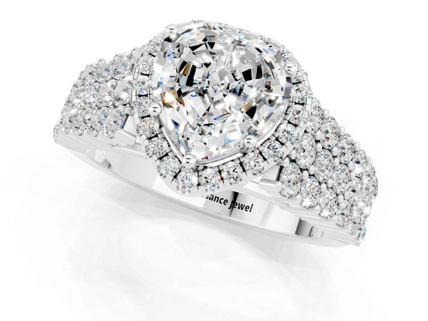 Platinum Heart Cut Moissanite Halo Engagement Ring with Triple Row Round Pavé Band and Prong Setting
