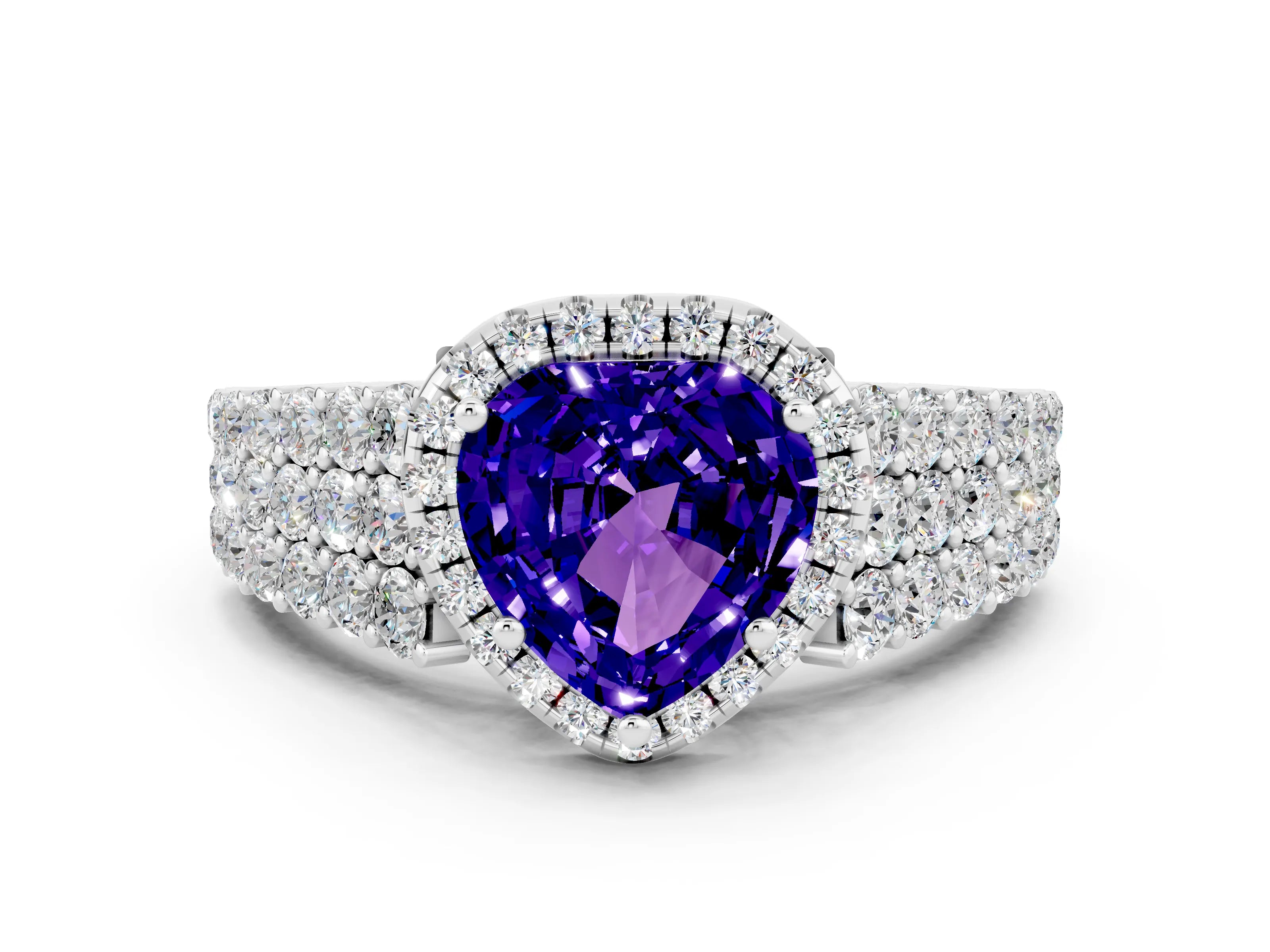White gold Heart Cut Halo Pavé Diamond Engagement Ring with Split Shank and Four-Prong Setting