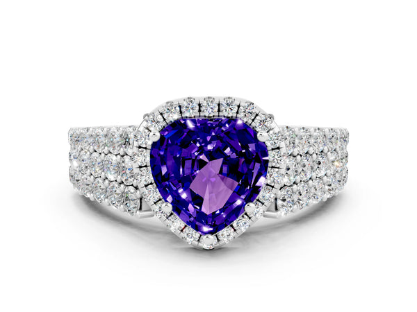 White gold Heart Cut Tanzanite Halo Engagement Ring with Triple Row Round Pavé Band and Prong Setting
